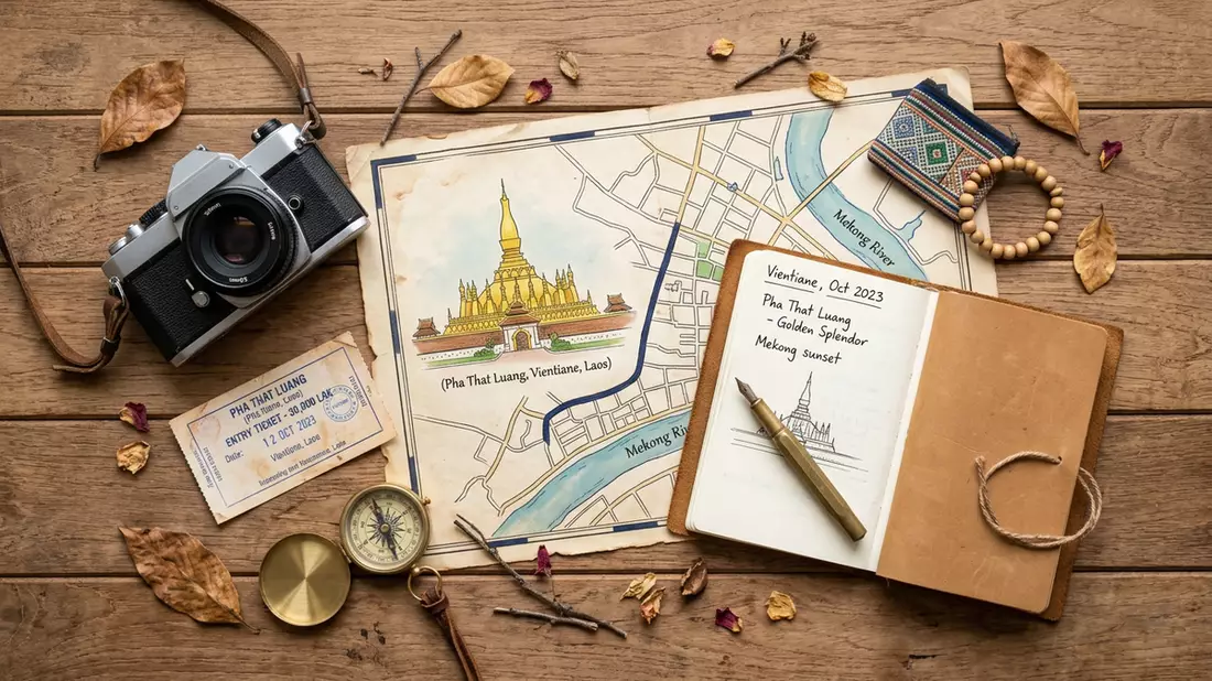 Flatlay-Reise-Arrangement rund um Pha That Luang in Vientiane, Laos