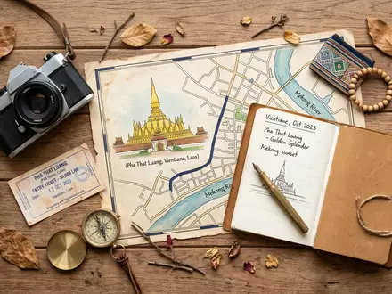 Flatlay-Reise-Arrangement rund um Pha That Luang in Vientiane Laos, Karte Kompass Kamera und generische Reiserequisiten - Foto: THN