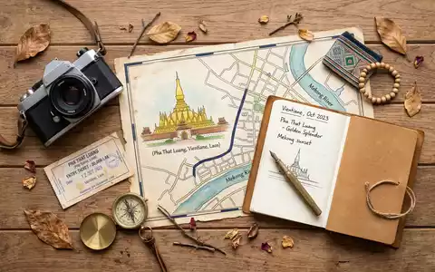 Flatlay-Reise-Arrangement rund um Pha That Luang in Vientiane Laos, Karte Kompass Kamera und generische Reiserequisiten - Foto: THN