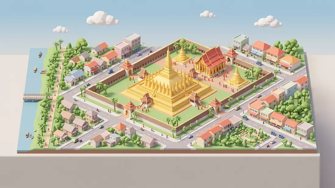 Isometrisches Diorama von Pha That Luang in Vientiane, Laos in Pastell