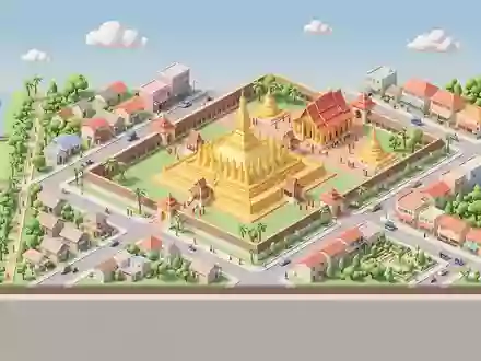 Isometrisches Diorama von Pha That Luang und Umgebung in Vientiane Laos, verspielte Low-Poly-Kulisse in Pastellfarben - Foto: THN