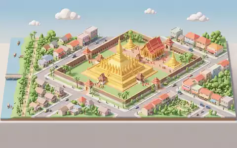 Isometrisches Diorama von Pha That Luang und Umgebung in Vientiane Laos, verspielte Low-Poly-Kulisse in Pastellfarben - Foto: THN