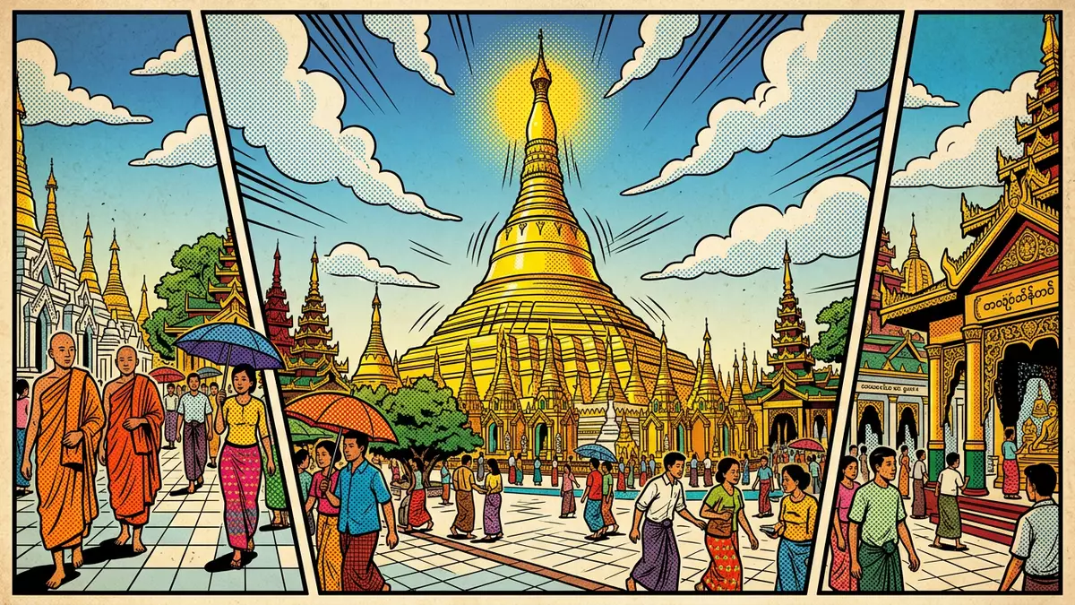 Pop-Art-Comic von Shwedagon-Pagode Yangon in Yangon, Myanmar mit Rasterpunkten