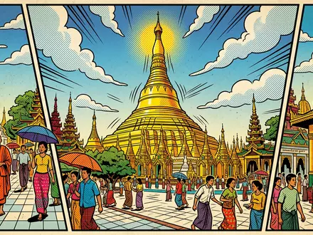 Pop-Art-Comicillustration des Wahrzeichens Shwedagon-Pagode Yangon in Yangon Myanmar, kraeftige Konturen Rasterpunkte und satte Farben - Foto: THN