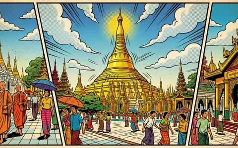 Pop-Art-Comicillustration des Wahrzeichens Shwedagon-Pagode Yangon in Yangon Myanmar, kraeftige Konturen Rasterpunkte und satte Farben - Foto: THN