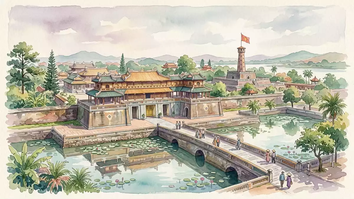 Aquarell-Illustration von Kaiserstadt Hue in Hue, Vietnam als Reiseposter