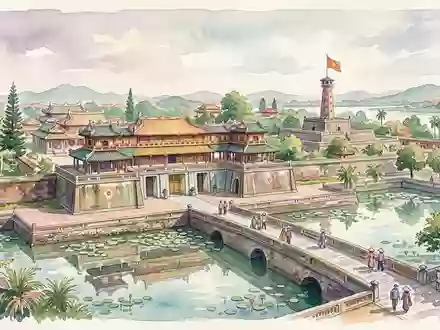 Aquarellillustration des Wahrzeichens Kaiserstadt Hue in Hue Vietnam, weiche Farbverläufe und pastelliges Reiseposter-Feeling - Foto: THN