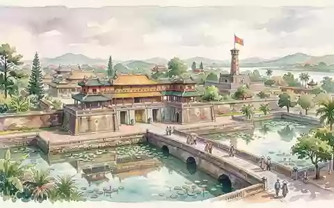 Aquarellillustration des Wahrzeichens Kaiserstadt Hue in Hue Vietnam, weiche Farbverläufe und pastelliges Reiseposter-Feeling - Foto: THN