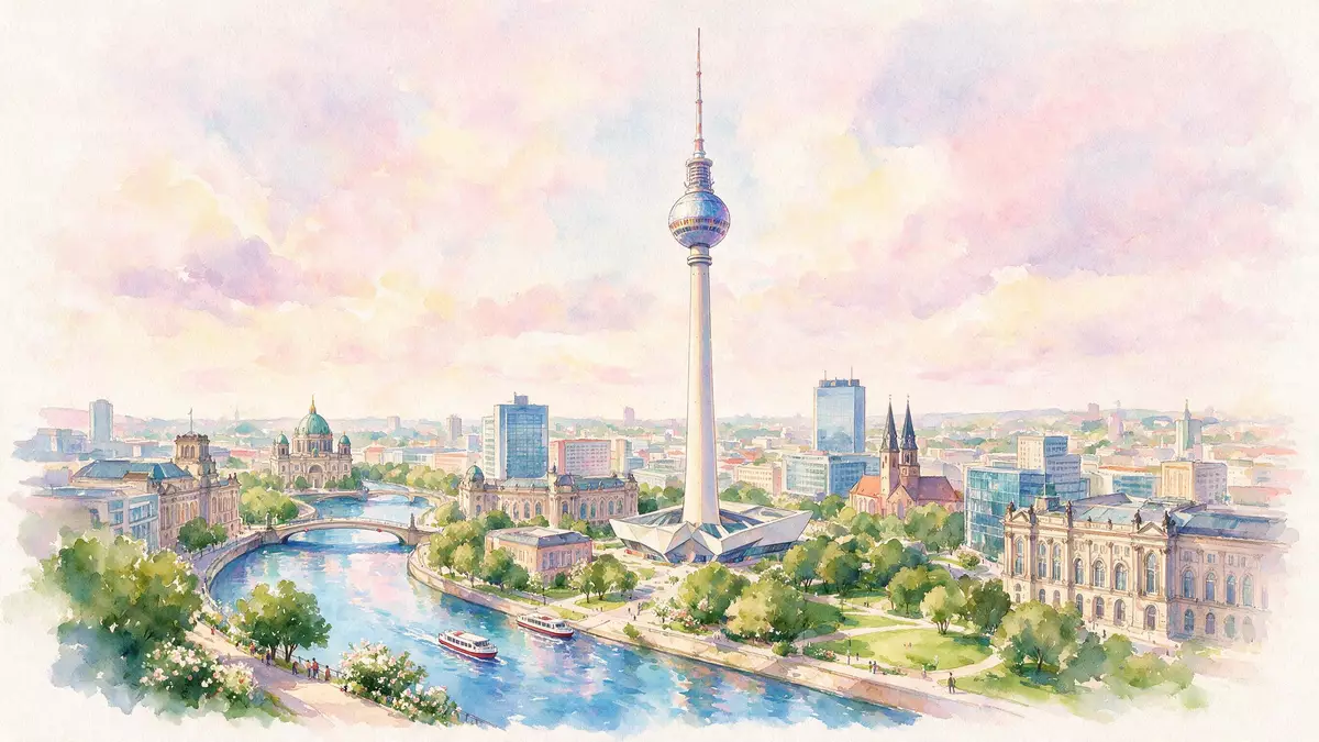 Aquarell-Illustration von Berliner Fernsehturm in Berlin, Deutschland als Reiseposter