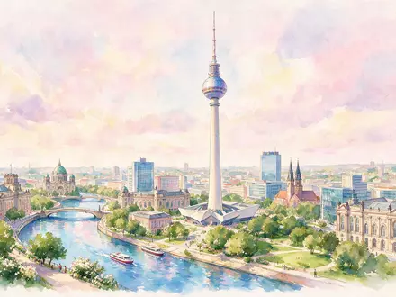 Aquarellillustration des Wahrzeichens Berliner Fernsehturm in Berlin Deutschland, weiche Farbverläufe und pastelliges Reiseposter-Feeling - Foto: THN