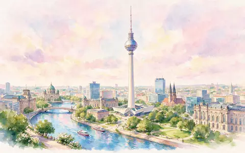 Aquarellillustration des Wahrzeichens Berliner Fernsehturm in Berlin Deutschland, weiche Farbverläufe und pastelliges Reiseposter-Feeling - Foto: THN