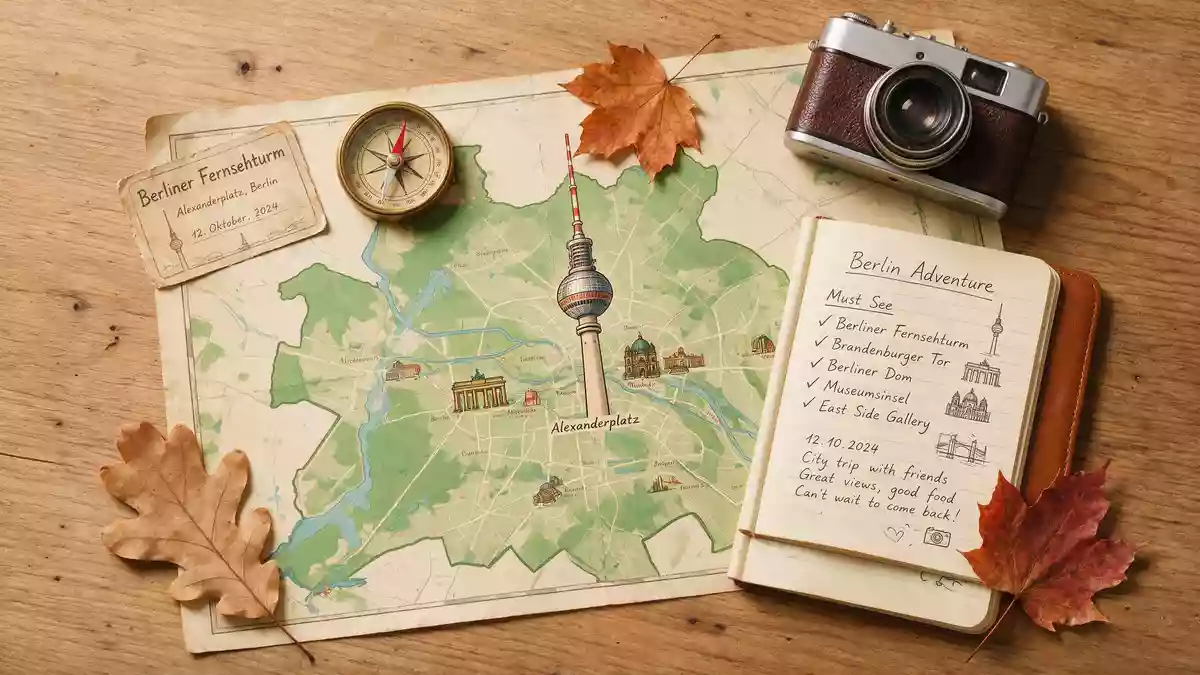 Flatlay-Reise-Arrangement rund um Berliner Fernsehturm in Berlin, Deutschland