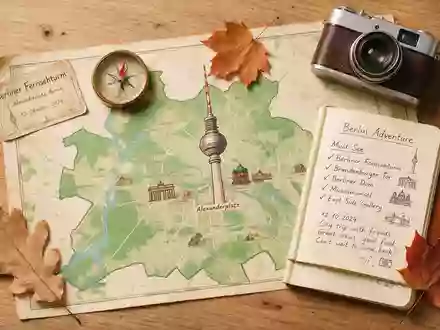 Flatlay-Reise-Arrangement rund um Berliner Fernsehturm in Berlin Deutschland, Karte Kompass Kamera und generische Reiserequisiten - Foto: THN