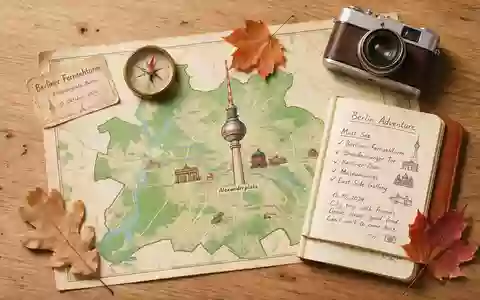 Flatlay-Reise-Arrangement rund um Berliner Fernsehturm in Berlin Deutschland, Karte Kompass Kamera und generische Reiserequisiten - Foto: THN