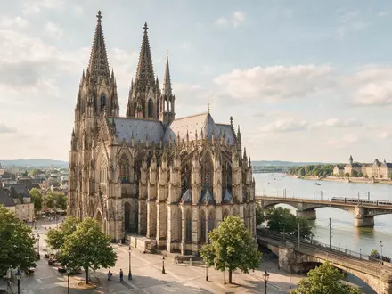 Editorialbild im Reisemagazin-Stil vom Wahrzeichen Kölner Dom in Köln Deutschland, ausgewogene Bildgestaltung und natuerliches Umgebungslicht - Foto: THN
