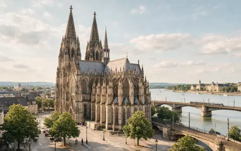 Editorialbild im Reisemagazin-Stil vom Wahrzeichen Kölner Dom in Köln Deutschland, ausgewogene Bildgestaltung und natuerliches Umgebungslicht - Foto: THN