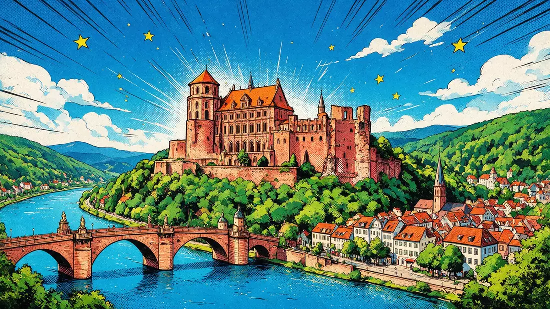 Pop-Art-Comic von Schloss Heidelberg in Heidelberg, Deutschland mit Rasterpunkten