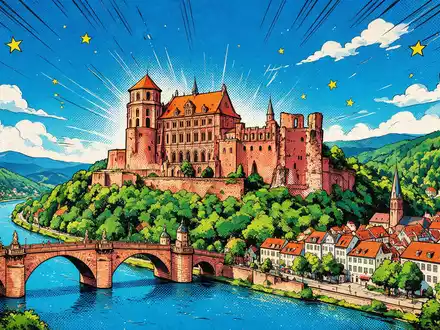 Pop-Art-Comicillustration des Wahrzeichens Schloss Heidelberg in Heidelberg Deutschland, kraeftige Konturen Rasterpunkte und satte Farben - Foto: THN