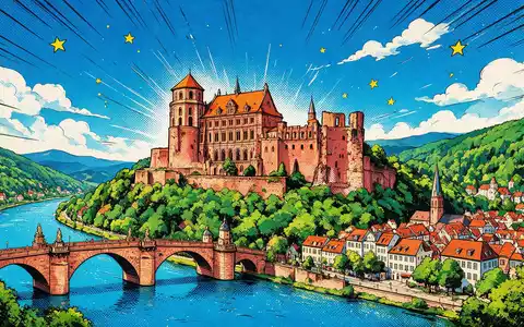 Pop-Art-Comicillustration des Wahrzeichens Schloss Heidelberg in Heidelberg Deutschland, kraeftige Konturen Rasterpunkte und satte Farben - Foto: THN