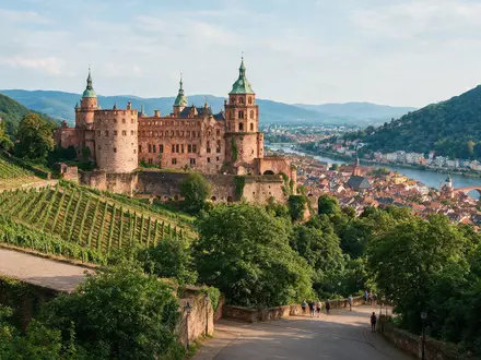 Editorialbild im Reisemagazin-Stil vom Wahrzeichen Schloss Heidelberg in Heidelberg Deutschland, ausgewogene Bildgestaltung und natuerliches Umgebungslicht - Foto: THN