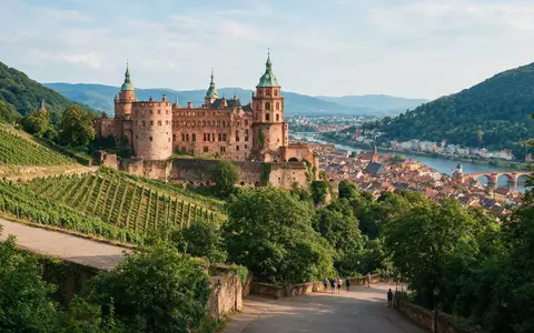 Editorialbild im Reisemagazin-Stil vom Wahrzeichen Schloss Heidelberg in Heidelberg Deutschland, ausgewogene Bildgestaltung und natuerliches Umgebungslicht - Foto: THN