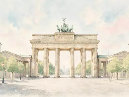 Aquarellillustration des Wahrzeichens Brandenburger Tor Berlin in Berlin Deutschland, weiche Farbverläufe und pastelliges Reiseposter-Feeling - Foto: THN