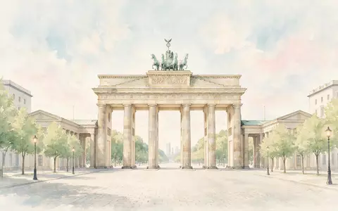 Aquarellillustration des Wahrzeichens Brandenburger Tor Berlin in Berlin Deutschland, weiche Farbverläufe und pastelliges Reiseposter-Feeling - Foto: THN