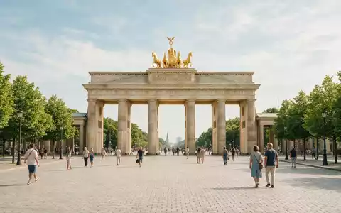 Editorialbild im Reisemagazin-Stil vom Wahrzeichen Brandenburger Tor Berlin in Berlin Deutschland, ausgewogene Bildgestaltung und natuerliches - Foto: THN