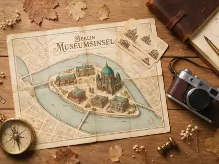 Flatlay-Reise-Arrangement rund um Museumsinsel Berlin in Berlin Deutschland, Karte Kompass Kamera und generische Reiserequisiten - Foto: THN