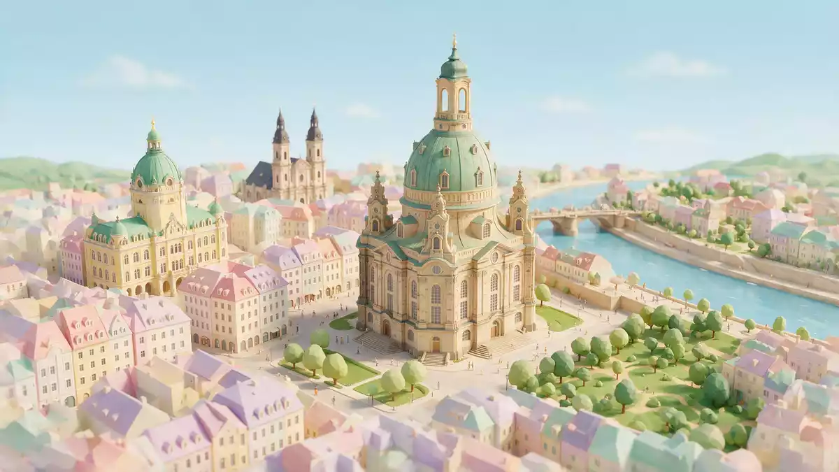 Isometrisches Diorama von Frauenkirche Dresden in Dresden, Deutschland in Pastell