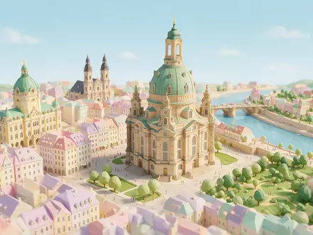 Isometrisches Diorama von Frauenkirche Dresden und Umgebung in Dresden Deutschland, verspielte Low-Poly-Kulisse in Pastellfarben - Foto: THN