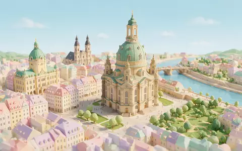 Isometrisches Diorama von Frauenkirche Dresden und Umgebung in Dresden Deutschland, verspielte Low-Poly-Kulisse in Pastellfarben - Foto: THN