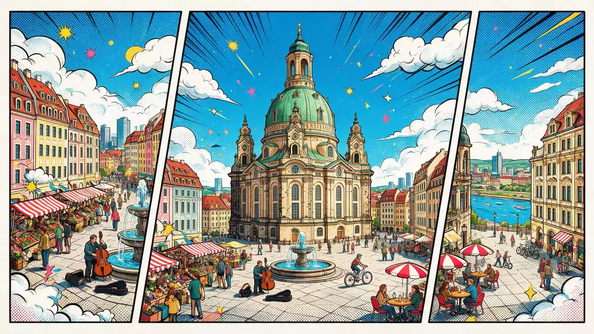 Pop-Art-Comic von Frauenkirche Dresden in Dresden, Deutschland mit Rasterpunkten