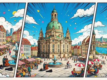 Pop-Art-Comicillustration des Wahrzeichens Frauenkirche Dresden in Dresden Deutschland, kraeftige Konturen Rasterpunkte und satte Farben - Foto: THN