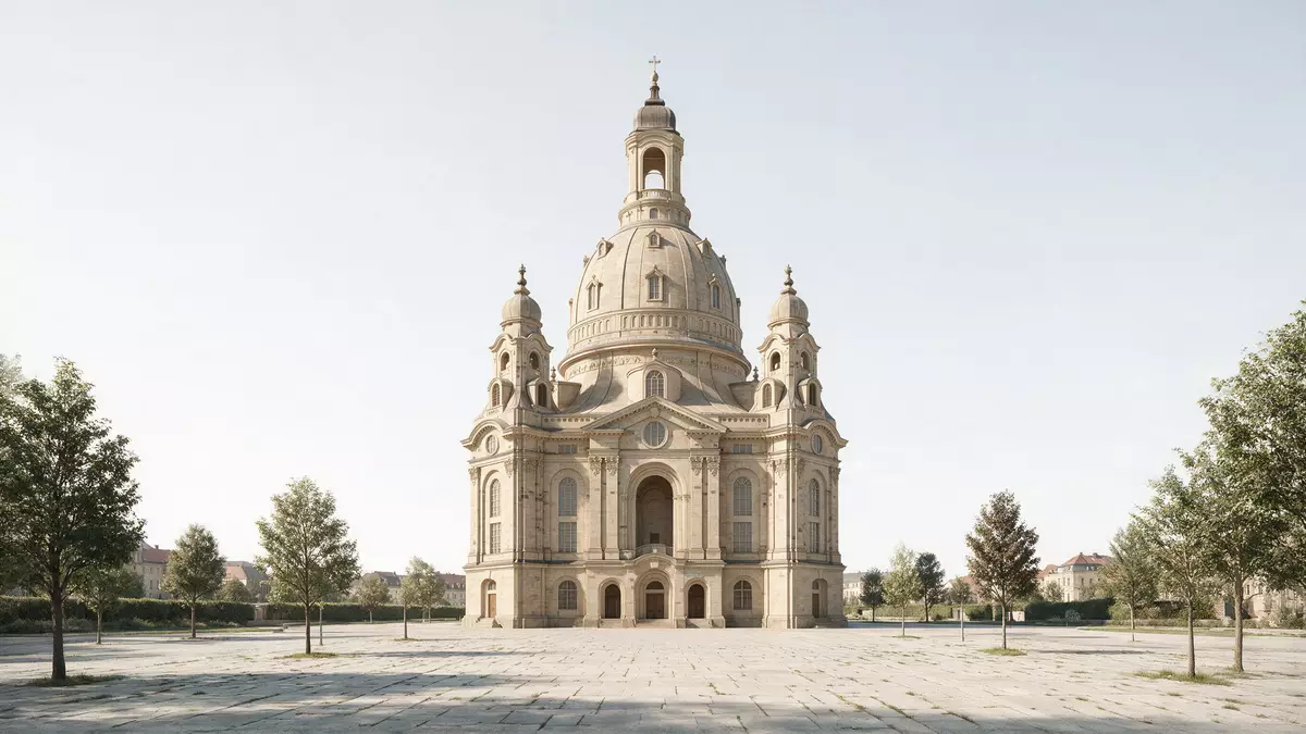 Architektur-Render von Frauenkirche Dresden in Dresden, Deutschland bei Tageslicht