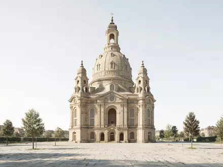 Moderner Architektur-Render zeigt Silhouette von Frauenkirche Dresden in Dresden Deutschland, klare Linien und neutrales Tageslicht - Foto: THN