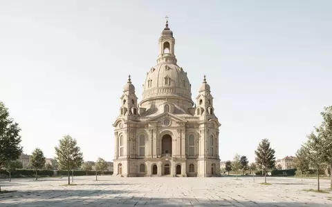 Moderner Architektur-Render zeigt Silhouette von Frauenkirche Dresden in Dresden Deutschland, klare Linien und neutrales Tageslicht - Foto: THN