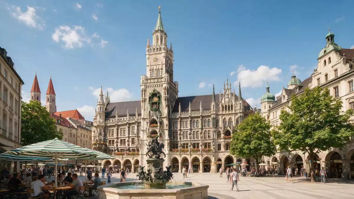 Editorial-Reisemagazinbild vom Wahrzeichen Marienplatz München in München, Deutschland