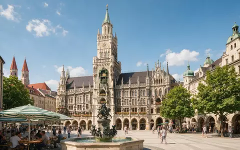 Editorialbild im Reisemagazin-Stil vom Wahrzeichen Marienplatz München in München Deutschland, ausgewogene Bildgestaltung und natuerliches Umgebungslicht - Foto: THN
