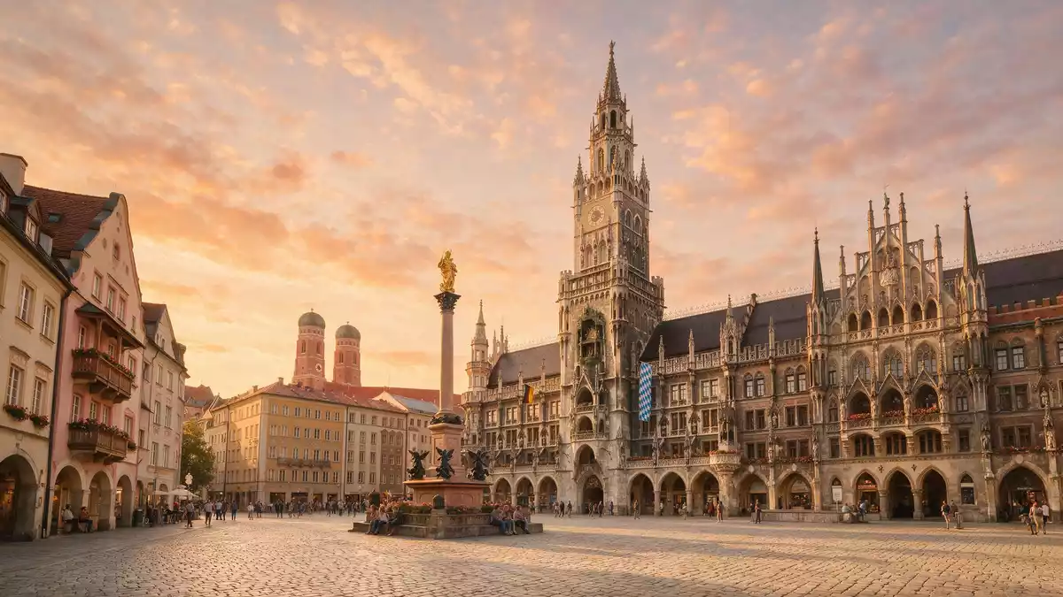 Fotorealistische Ansicht von Marienplatz München in München, Deutschland im Abendlicht