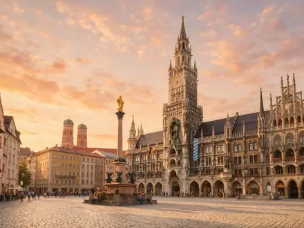 Fotorealistische Panoramaaufnahme von Marienplatz München in München Deutschland, warmes Abendlicht auf Wahrzeichen - Foto: THN