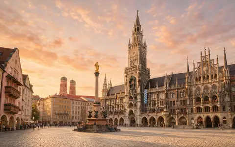 Fotorealistische Panoramaaufnahme von Marienplatz München in München Deutschland, warmes Abendlicht auf Wahrzeichen - Foto: THN