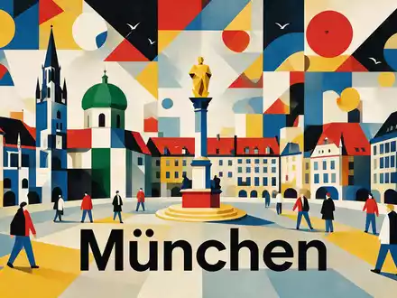 Bauhaus-Poster als geometrische Abstraktion von Marienplatz München in München Deutschland, kraeftige Grundfarben und harte Formkanten - Foto: THN