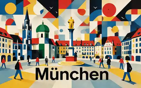 Bauhaus-Poster als geometrische Abstraktion von Marienplatz München in München Deutschland, kraeftige Grundfarben und harte Formkanten - Foto: THN