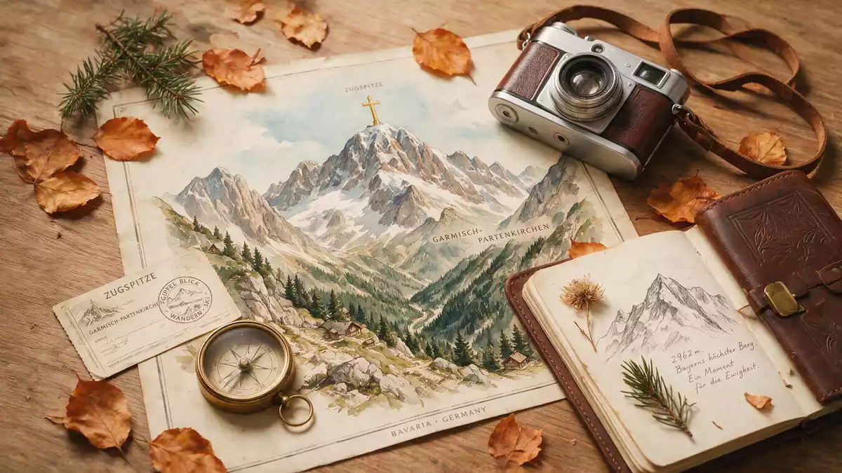 Flatlay-Reise-Arrangement rund um Zugspitze in Garmisch-Partenkirchen, Deutschland