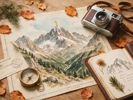Flatlay-Reise-Arrangement rund um Zugspitze in Garmisch-Partenkirchen Deutschland, Karte Kompass Kamera und generische Reiserequisiten - Foto: THN