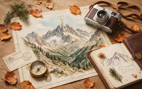 Flatlay-Reise-Arrangement rund um Zugspitze in Garmisch-Partenkirchen Deutschland, Karte Kompass Kamera und generische Reiserequisiten - Foto: THN