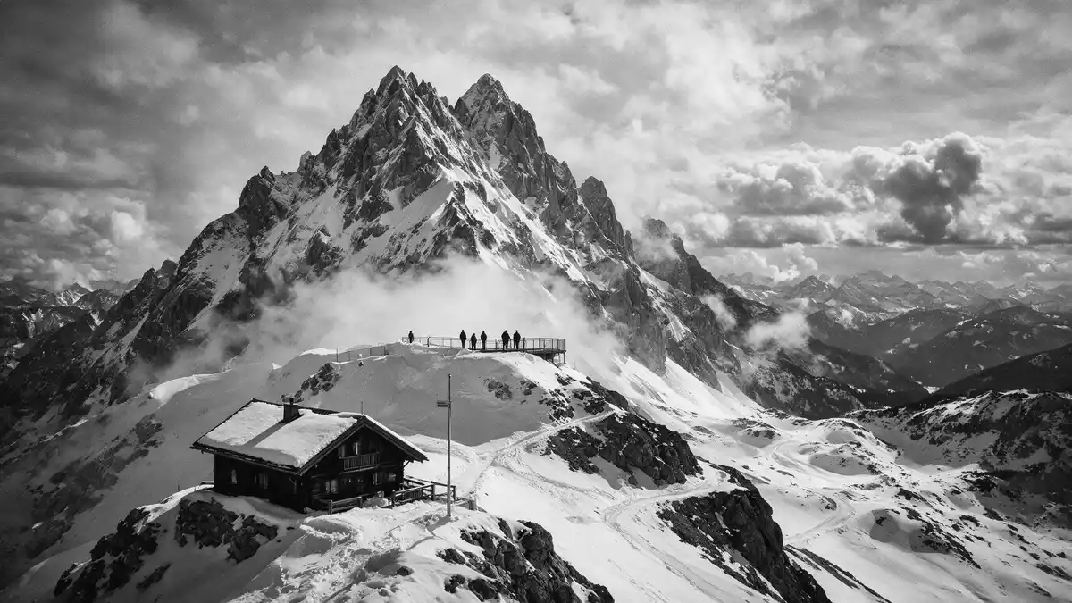 Schwarzweiss-Reportage vom Wahrzeichen Zugspitze in Garmisch-Partenkirchen, Deutschland
