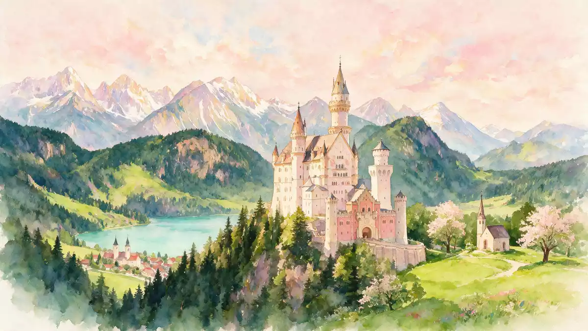 Aquarell-Illustration von Schloss Neuschwanstein in Schwangau, Deutschland als Reiseposter