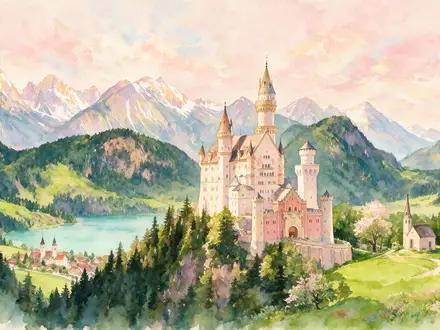 Aquarellillustration des Wahrzeichens Schloss Neuschwanstein in Schwangau Deutschland, weiche Farbverläufe und pastelliges Reiseposter-Feeling - Foto: THN